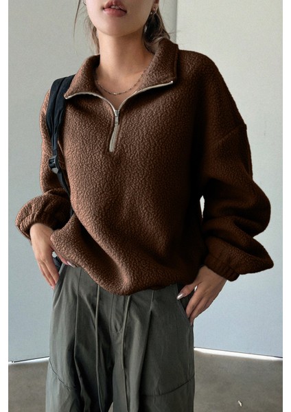 Kadın Ultra Isı Peluş Sherpa Oversize Yarım Metal Fermuar Lastik Ayarlı Polar Sweatshirt fiyatları