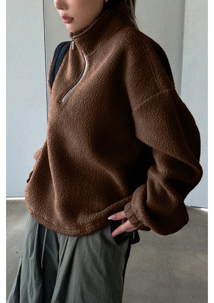 Kadın Ultra Isı Peluş Sherpa Oversize Yarım Metal Fermuar Lastik Ayarlı Polar Sweatshirt modelleri