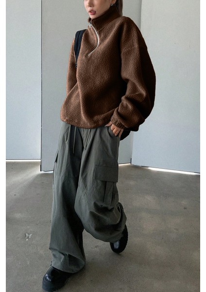 Kadın Ultra Isı Peluş Sherpa Oversize Yarım Metal Fermuar Lastik Ayarlı Polar Sweatshirt fırsatları