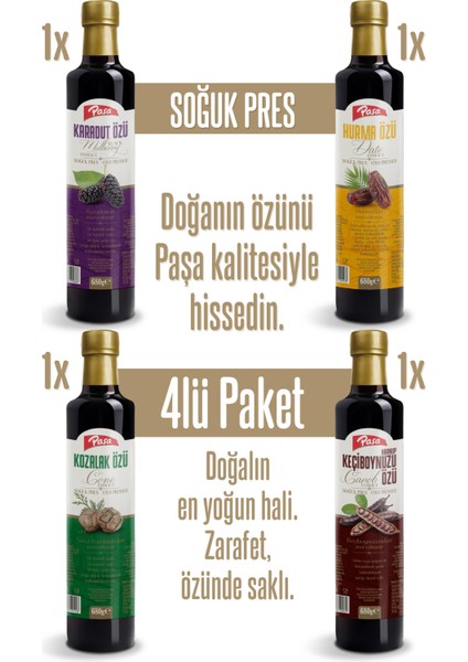 Paşa Lezzet Özleri 4’lü Karışım - Karadut Özü, Hurma Özü, Keçiboynuzu Özü, Kozalak Özü fiyatları