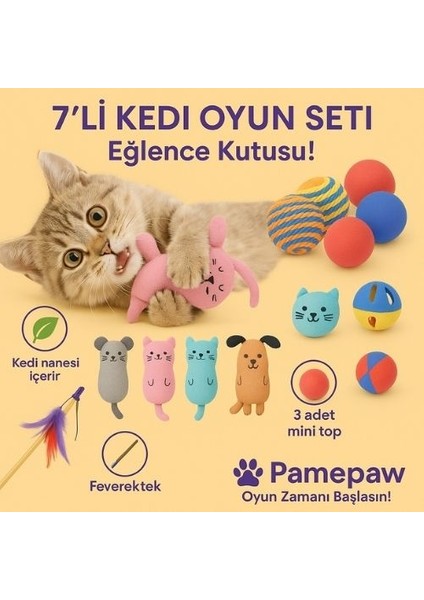7'li Set : Kedi Nanesi Kokulu Peluş Oyuncak , Sarma Top , Olta , 3'lü Mini Top , Çıngıraklı Top Seti