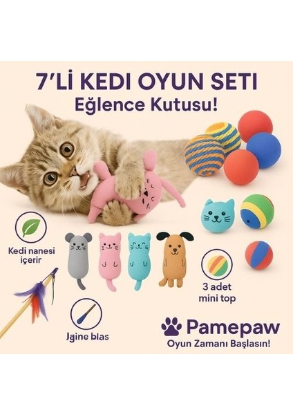 7'li Set : Kedi Nanesi Kokulu Peluş Oyuncak , Sarma Top , Olta , 3'lü Mini Top , Çıngıraklı Top Seti modelleri
