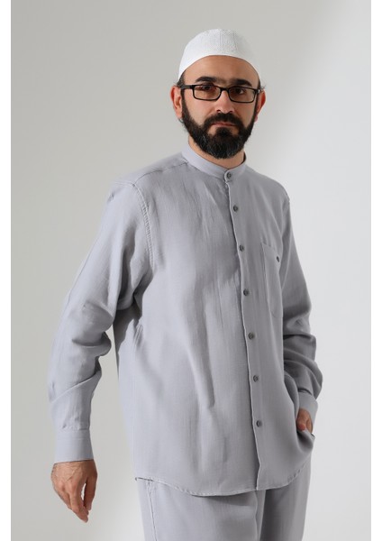 Erkek Müslin Hakim Yaka Uzun Kollu Düğmeli Gömlek, Hac Umre Kıyafeti - Gri (Ans)