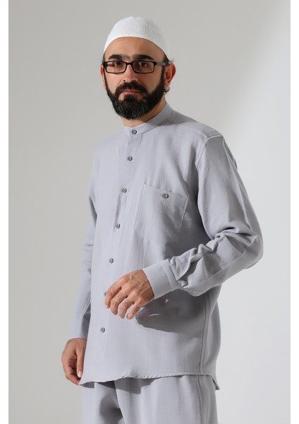 Erkek Müslin Hakim Yaka Uzun Kollu Düğmeli Gömlek, Hac Umre Kıyafeti - Gri (Ans) fiyatları