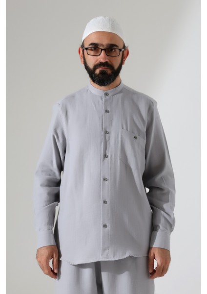 Erkek Müslin Hakim Yaka Uzun Kollu Düğmeli Gömlek, Hac Umre Kıyafeti - Gri (Ans) modelleri