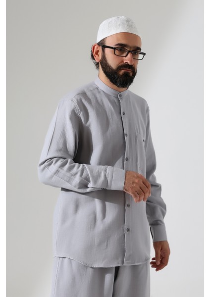 Erkek Müslin Hakim Yaka Uzun Kollu Düğmeli Gömlek, Hac Umre Kıyafeti - Gri (Ans) indirimleri