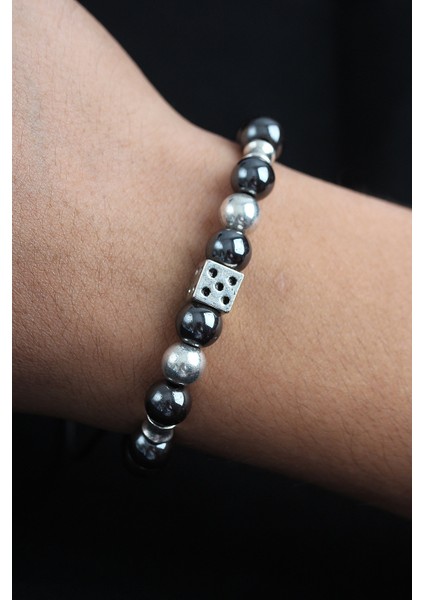 Doğal Taş Zar Model Gümüş ve Füme Renk Asansörlü Erkek Bileklik - TJ-EB3759