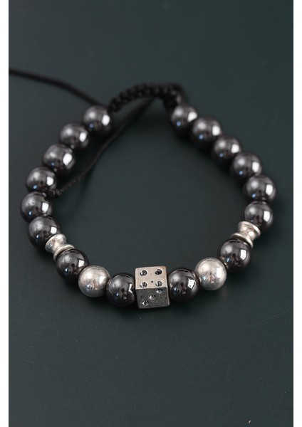 Doğal Taş Zar Model Gümüş ve Füme Renk Asansörlü Erkek Bileklik - TJ-EB3759 fiyatları