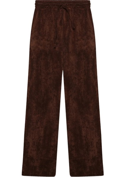 Kadın Bol Paça Kadife Kumaş Beli Lastikli Pantolon Kahverengi