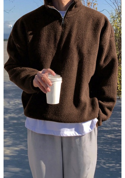 Erkek Ultra Isı Peluş Sherpa Oversize Yarım Metal Fermuar Lastik Ayarlı Polar Sweatshirt