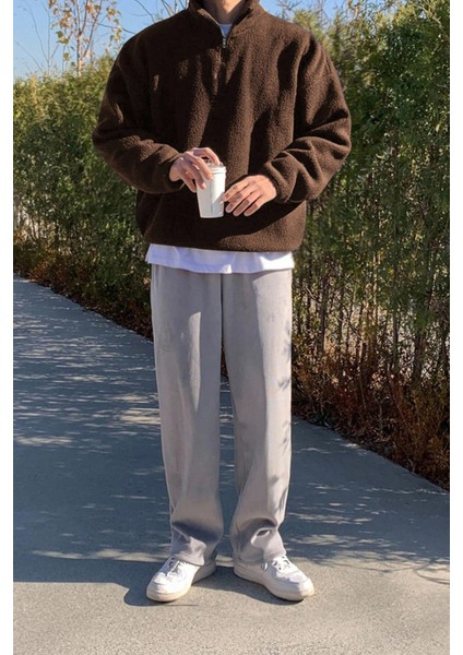 Erkek Ultra Isı Peluş Sherpa Oversize Yarım Metal Fermuar Lastik Ayarlı Polar Sweatshirt modelleri