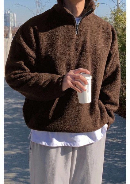 Erkek Ultra Isı Peluş Sherpa Oversize Yarım Metal Fermuar Lastik Ayarlı Polar Sweatshirt fırsatları