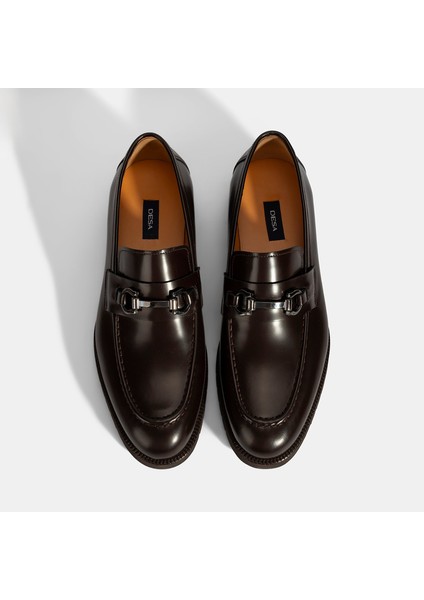 Erkek Kahve Metal Aksesuarlı Deri Loafer