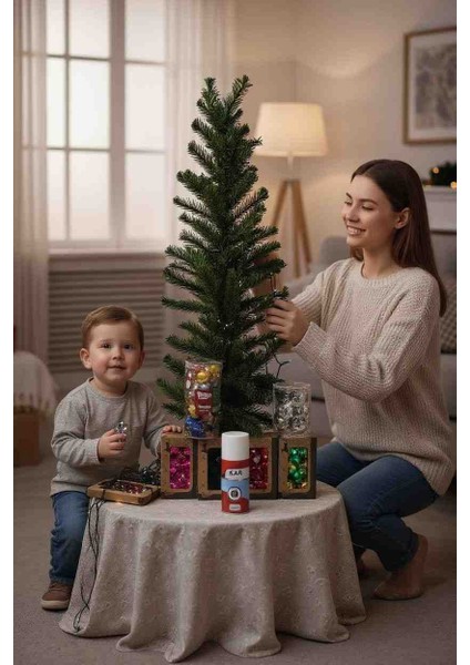 Yılbaşı Seti 90 cm Ağaç ve 30 Ad 4 cm Renkli Top 24 Ad Karışık Süs & 1 Ad 150 ml Kalıcı Kar Spreyi