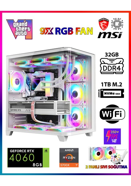GTA-Valo X50 Max White 💎 Ryzen 7 5700X 32GB Ram 1TB M.2 Nvme SSD 8GB GDDR7 RTX4060 Ekran Kartı Oyuncu Masaüstü Bilgisayarı