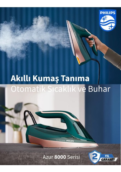 3000 W Güç, 70 G/dk Sürekli Buhar, 240 G Şok Buhar Azur 8000 Optimaltemp Teknolojisi ile Kumaşa Göre Isı Ayarı Özelliğine Sahip Buharlı Ütü