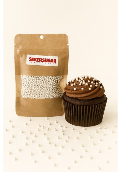 Pasta Süsleme Şekeri Boncuk Şeker 2mm Metalik Inci Beyazı 40 Gr.