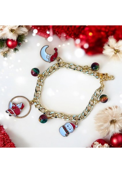 Göksunun Izi Altın Kaplama Çelik Zincir Noel Temalı Kardan Adam ve Ay Figürlü Charm Bileklik