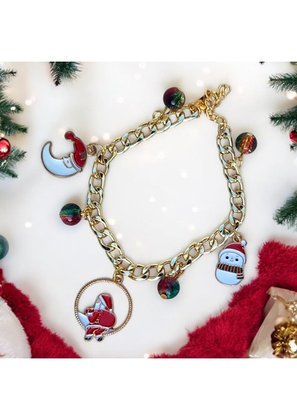 Göksunun Izi Altın Kaplama Çelik Zincir Noel Temalı Kardan Adam ve Ay Figürlü Charm Bileklik fiyatları