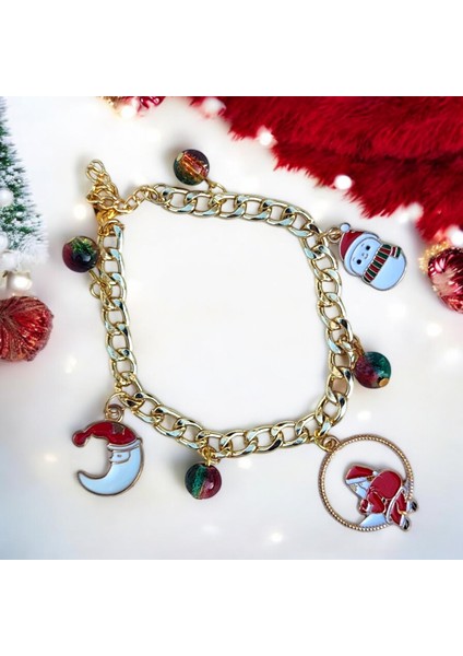 Göksunun Izi Altın Kaplama Çelik Zincir Noel Temalı Kardan Adam ve Ay Figürlü Charm Bileklik modelleri