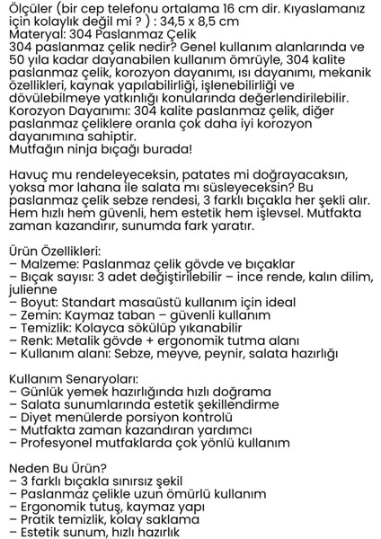 Paslanmaz Çelik Sebze Rendesi – Değiştirilebilir 3 Bıçaklı, Çok Fonksiyonlu, Hızlı ve Pratik 722270