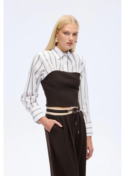 Kadın Çizgili Gömlek Garnili Büstiyer Bluz Kahverengi