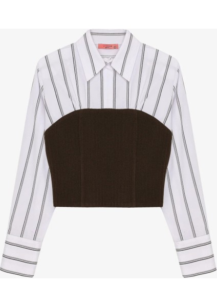 Kadın Çizgili Gömlek Garnili Büstiyer Bluz Kahverengi modelleri