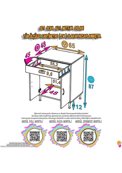 Birce L-65 x 87 x 48 cm Set Üstü Ocak ve Tüp Bölmeli Çekmeceli Mutfak Dolabı indirimleri