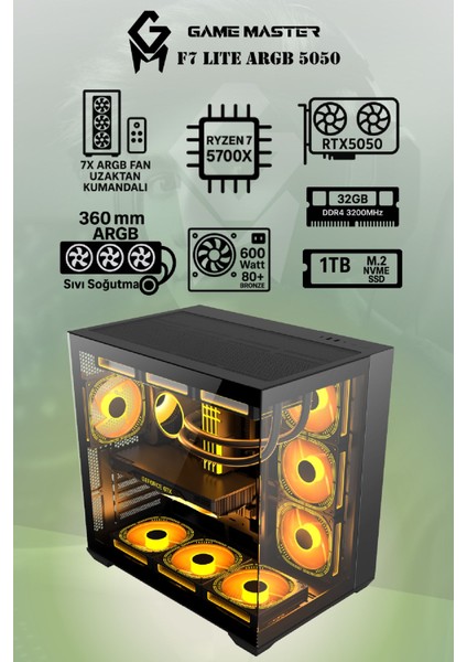 F7 Lite Argb RTX5050 Ryzen 7 5700X Cpu 32GB Ddr4 Ram 1tb M.2 SSD RTX5050 7x Argb Fanlı Gaming Pc modelleri