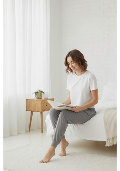 %100 Pamuk 2'li Paket Süprem Kadın Pijama Altı Rahat Kalıp Cepli Ipli Terletmez Esnek Siyah- Gri Alt