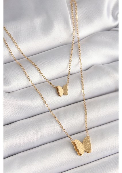 316L Çelik Gold Renk 2'li Simli Kelebek Model Kadın Kolye - TJ-BKO9928