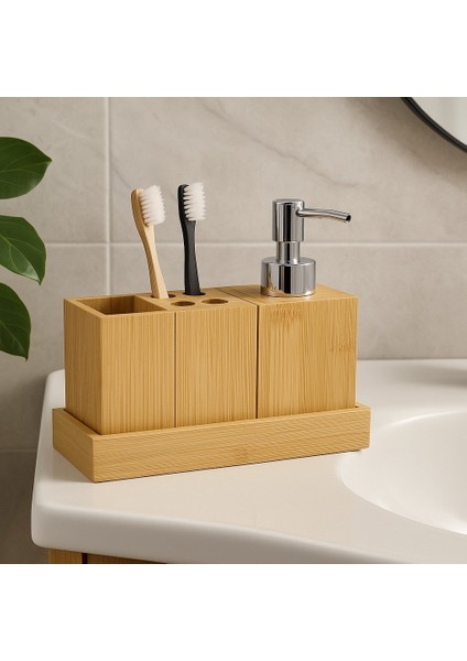 Doğal Bambu 3’lü Banyo Seti – Sıvı Sabunluk, Diş Fırçalık ve Organizer Stand BR-6710