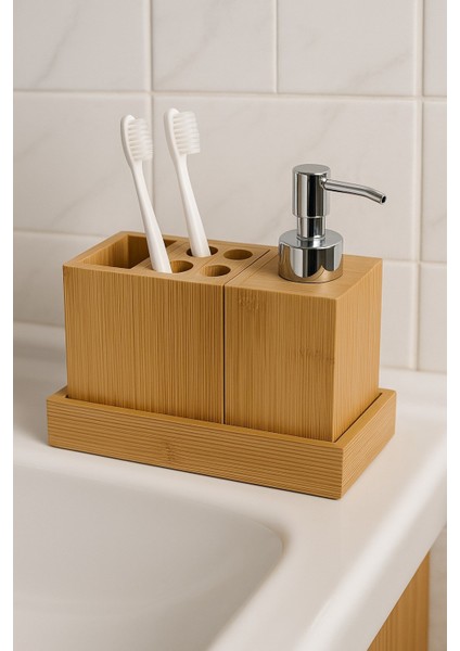 Doğal Bambu 3’lü Banyo Seti – Sıvı Sabunluk, Diş Fırçalık ve Organizer Stand BR-6710 fiyatları