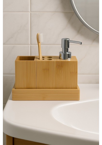 Doğal Bambu 3’lü Banyo Seti – Sıvı Sabunluk, Diş Fırçalık ve Organizer Stand BR-6710 modelleri
