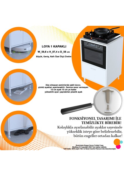 Lara 59,6 x 87,4 x 56 cm Set Üstü Ocak Ve Ankastre Fırın Dolabı