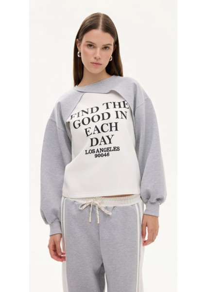 Kadın Match Detaylı Baskılı Bisiklet Yaka Sweatshirt Gri