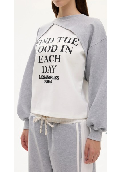 Kadın Match Detaylı Baskılı Bisiklet Yaka Sweatshirt Gri fiyatları