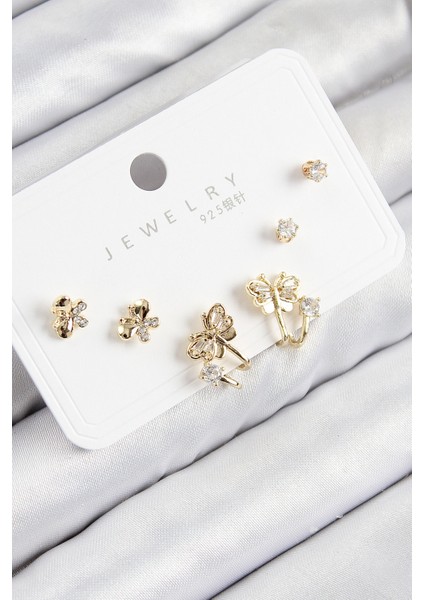 Pirinç Zirkon Taşlı Kelebek Model Gold Renk 925 Ayar Gümüş Çivi Kadın Küpe Set - TJ-BKP11164