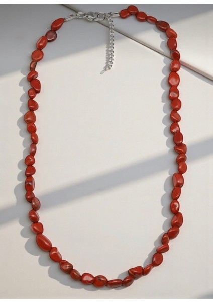 Kırmızı Jasper Doğal Taş Kolye Mercimek Kesim ( Çelik Klipsli )