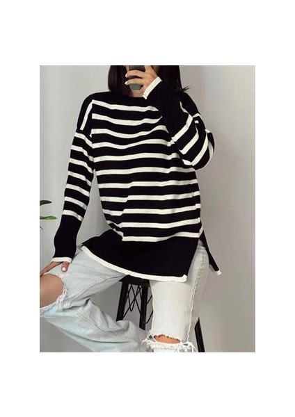 Kadın Çizgili Sıfır Yaka Triko Kazak Siyah Beyaz fiyatları