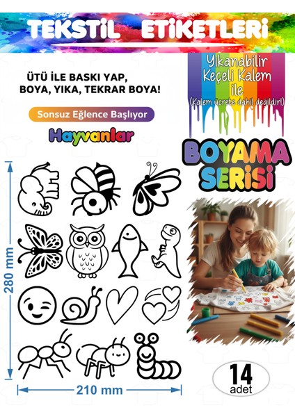 Yıkanabilir Keçeli Kalem ile Boyanan Tişört Ütü Etiketi Hayvanlar Serisi 14LÜ Set