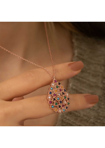 925 Ayar Gümüş Renkli Taşlı Damla Kadın Gümüş Kolye fiyatları