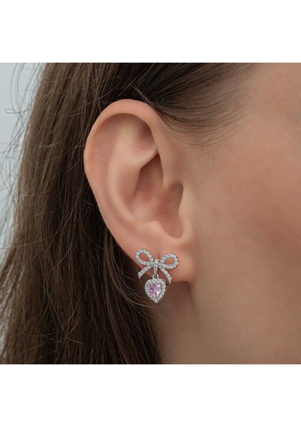 Gümüş Fiyonk Pembe Taşlı Kalpli Çivili Kadın Küpe modelleri