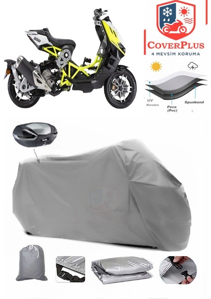 Dragster 300 Arka Çanta Uyumlu (Gri) Motorsiket Brandası Motor Örtüsü Çadır Su Geçirmez Motosiklet Kılıfı Motor Brandası