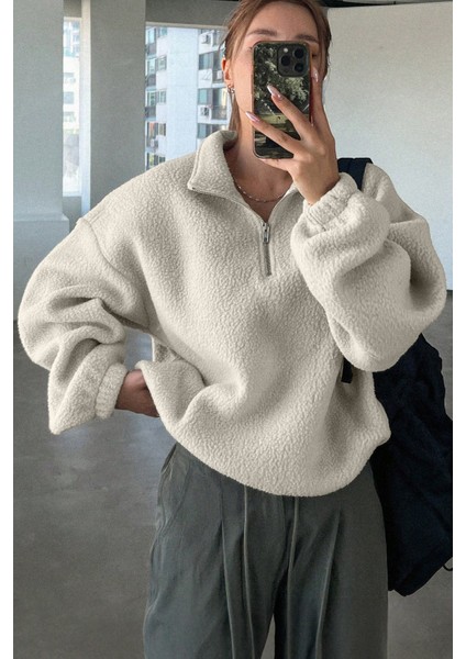 Kadın Ultra Isı Peluş Sherpa Oversize Yarım Metal Fermuar Lastik Ayarlı Polar Sweatshirt