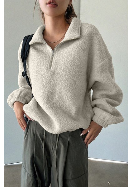 Kadın Ultra Isı Peluş Sherpa Oversize Yarım Metal Fermuar Lastik Ayarlı Polar Sweatshirt fiyatları