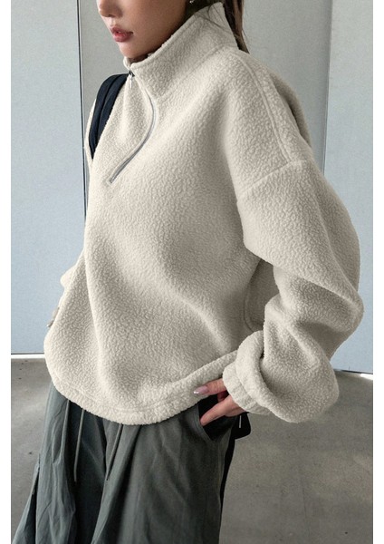 Kadın Ultra Isı Peluş Sherpa Oversize Yarım Metal Fermuar Lastik Ayarlı Polar Sweatshirt modelleri