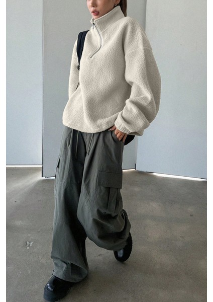 Kadın Ultra Isı Peluş Sherpa Oversize Yarım Metal Fermuar Lastik Ayarlı Polar Sweatshirt fırsatları