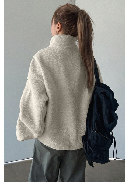Kadın Ultra Isı Peluş Sherpa Oversize Yarım Metal Fermuar Lastik Ayarlı Polar Sweatshirt indirimleri