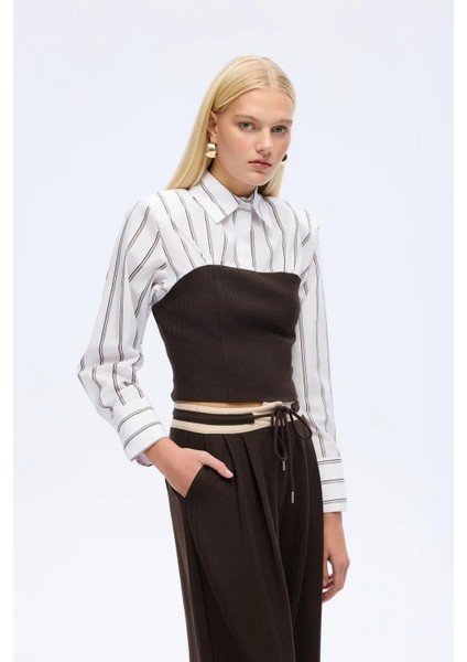 Kadın Çizgili Gömlek Garnili Büstiyer Bluz Kahverengi